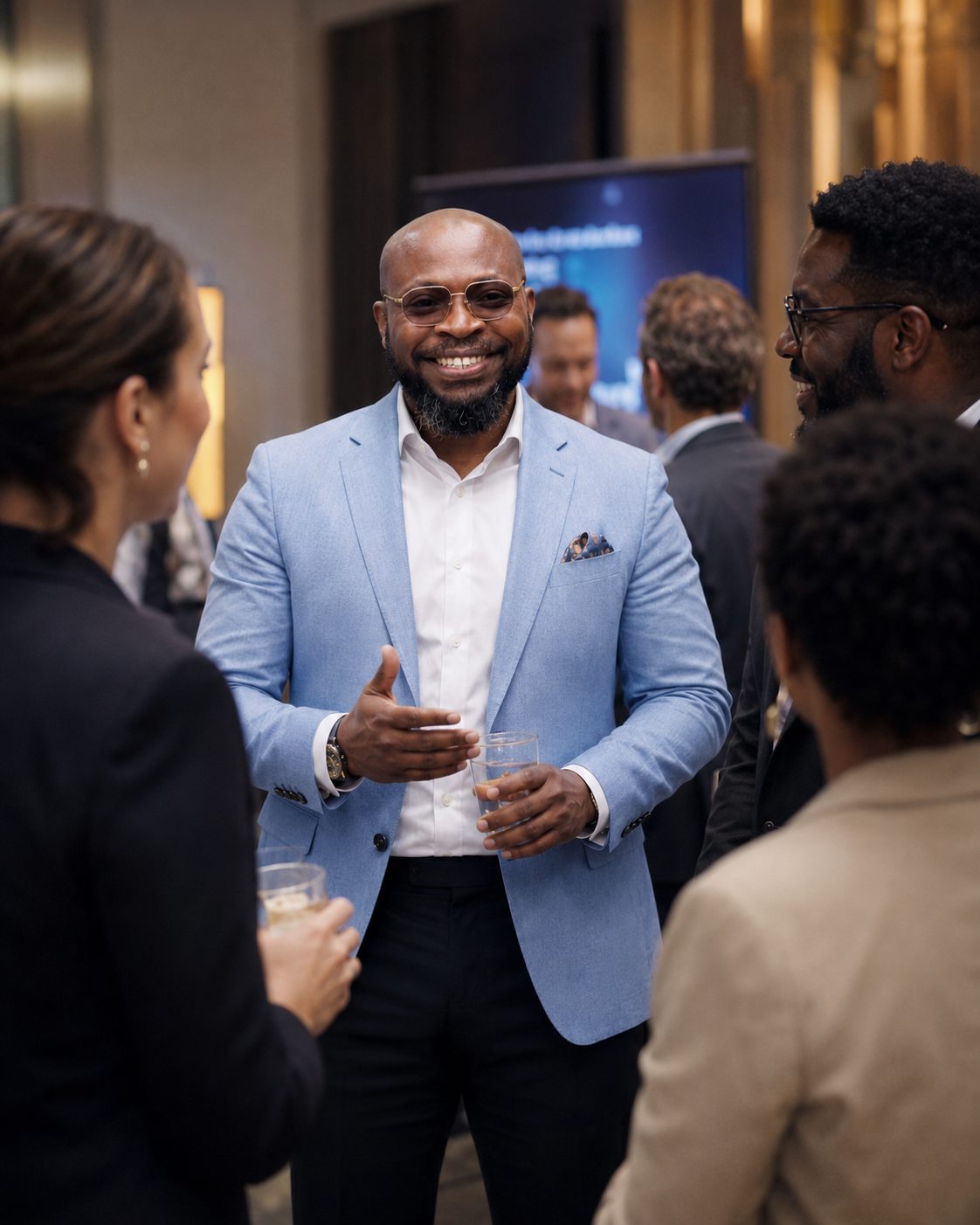 Blaise Itabelo in conversation with community and sector partners at a professional event