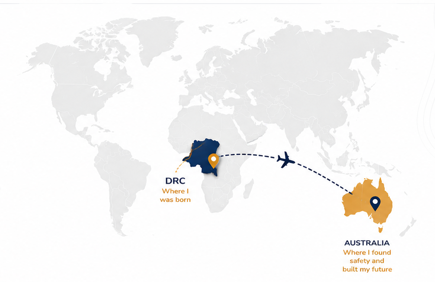 Map illustrating Blaise Itabelo's journey from the Democratic Republic of Congo to Australia